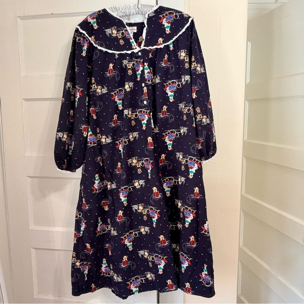 Lanz Of Salzburg Blue Flannel Puppy Santa Sleigh Snowy Nightgown Large